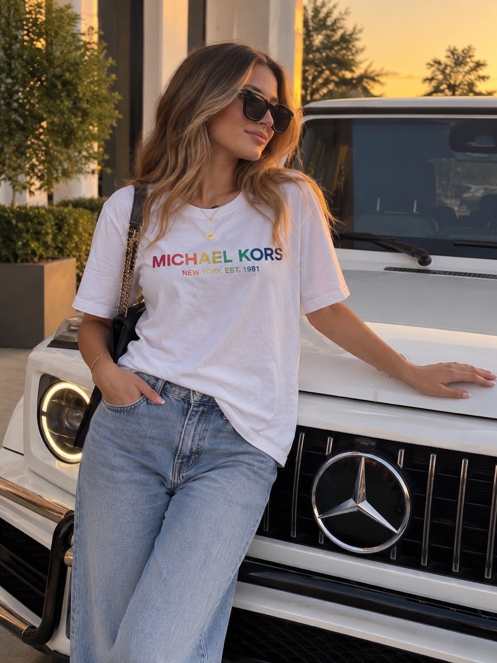 Michael Kors White Short-Sleeve Tee with Rainbow Logo